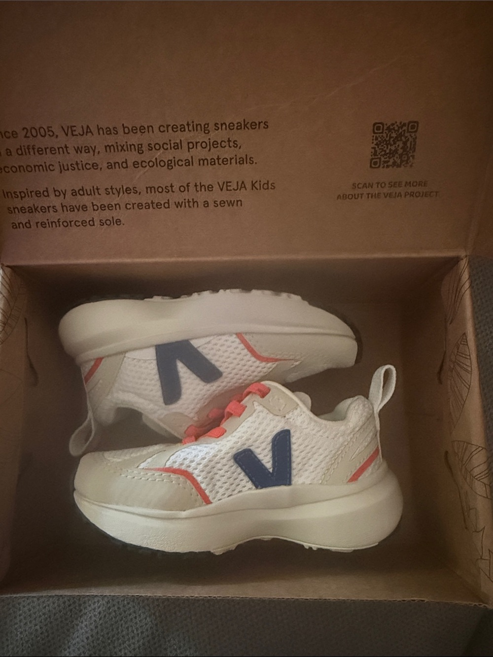 VEJA Kids White Mesh Sneakers with Navy V and Coral Accents